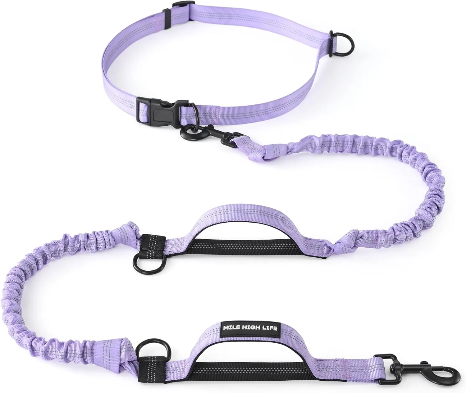 Mile High Life Hands Free Waist Leash for Dog Running Training and Jogging, Adjustable Belt with Double Handle, Reflective Bungee for Medium Large Dogs (Light Purple, 7FT)