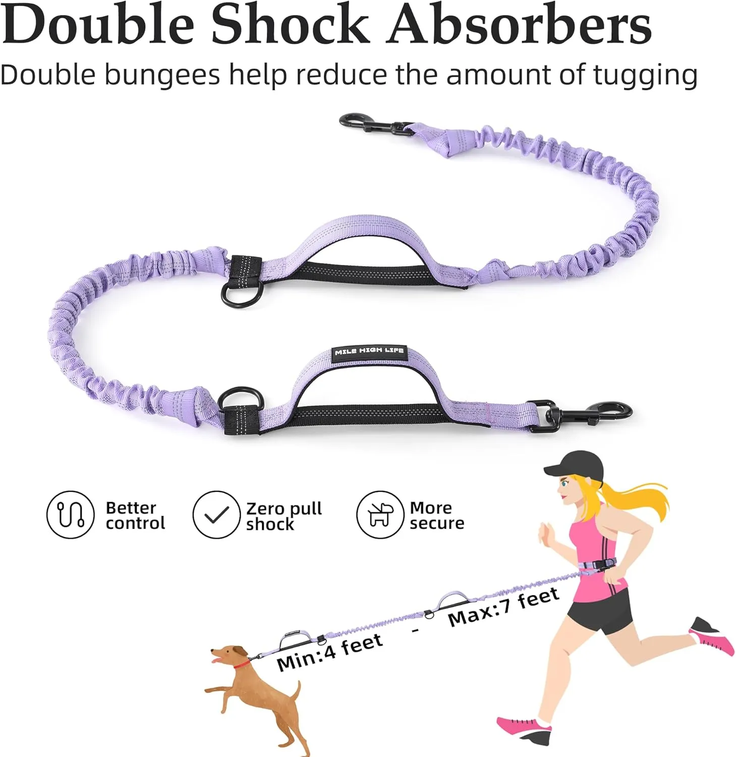 Mile High Life Hands Free Waist Leash for Dog Running Training and Jogging, Adjustable Belt with Double Handle, Reflective Bungee for Medium Large Dogs (Light Purple, 7FT)