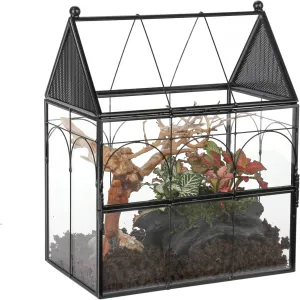 NCYP Glass Enclosure with Vent Holes for Insect, Jumping Spiders, Snails - 7.5" x 4.9" x 9" Small Closed Front Opening Door Succulent Terrarium - House Shape Habitat, Home Decor Black (No Plants)