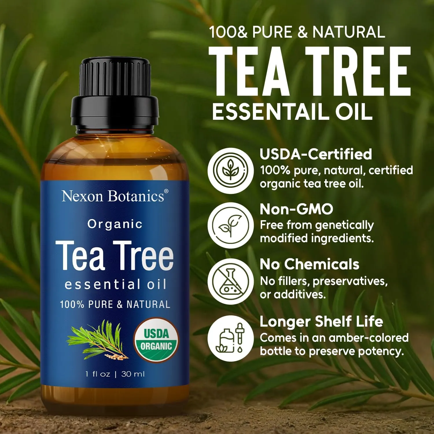 Organic Tea Tree Oil 30 ml - Pure, Natural Melaleuca Alternifolia Essential Oil for Skin, Face, Scalp, Aromatherapy & Diffusers - Nexon Botanics