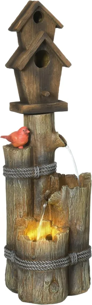 Outsunny Outdoor Fountain with Birdhouse, Cascading Garden Waterfall Bird Bath with 3-Tier Rustic Tree Trunk/Log Design, LED Lights for Porch, Deck, Yard Decor, Brown