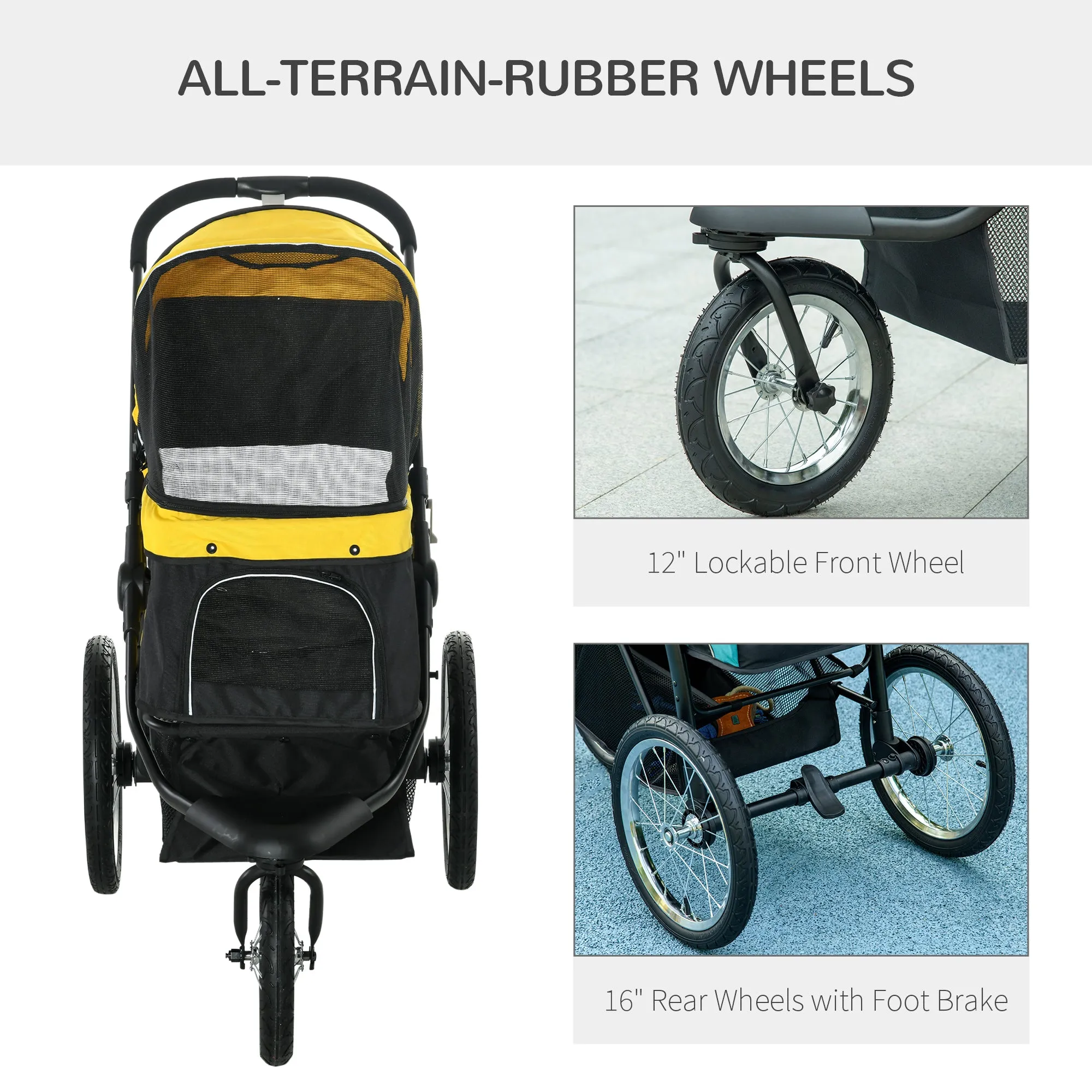 PawHut 3 Wheel Pet Stroller, for Medium Small Dogs, Foldable Cat Pram - Yellow