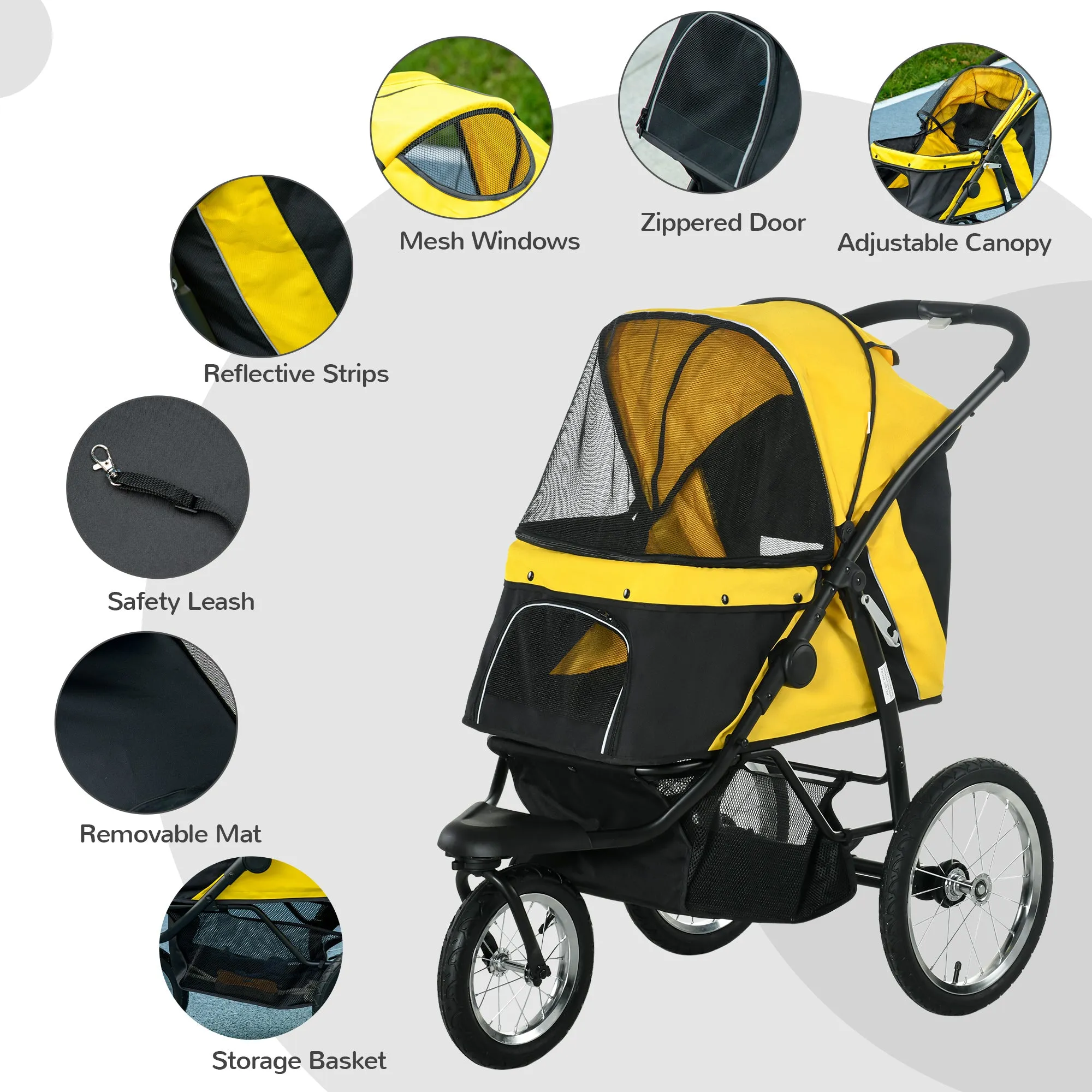 PawHut 3 Wheel Pet Stroller, for Medium Small Dogs, Foldable Cat Pram - Yellow