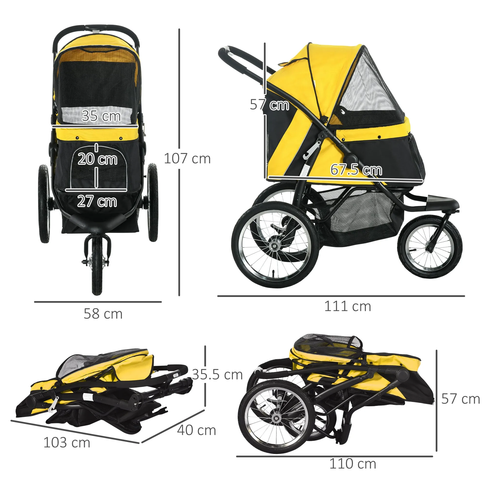 PawHut 3 Wheel Pet Stroller, for Medium Small Dogs, Foldable Cat Pram - Yellow