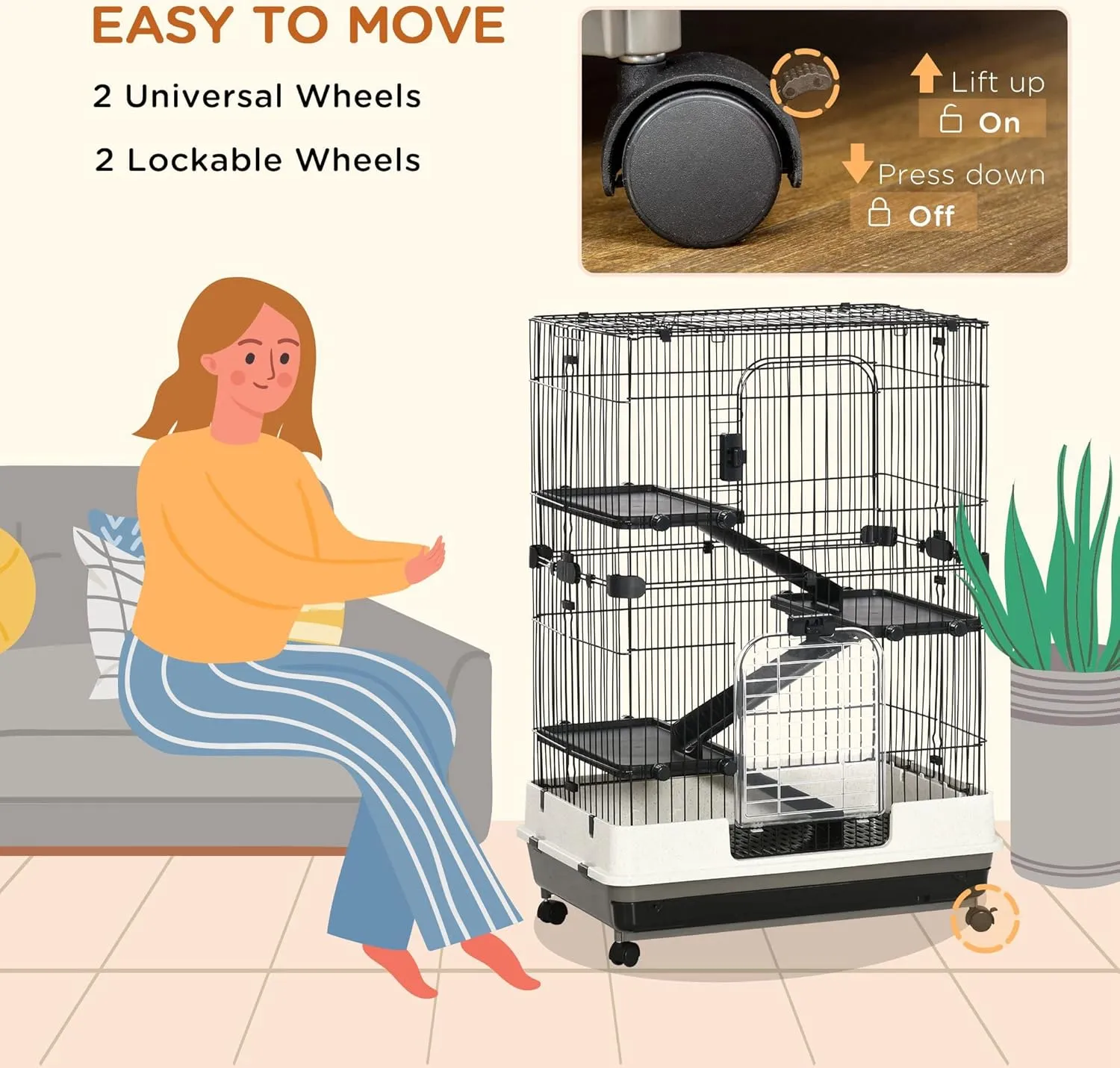PawHut 4-Level Small Animal Cage Rabbit Hutch with Wheels, Removable Tray, Platform and Ramp for Bunny, Chinchillas, Ferret, Black