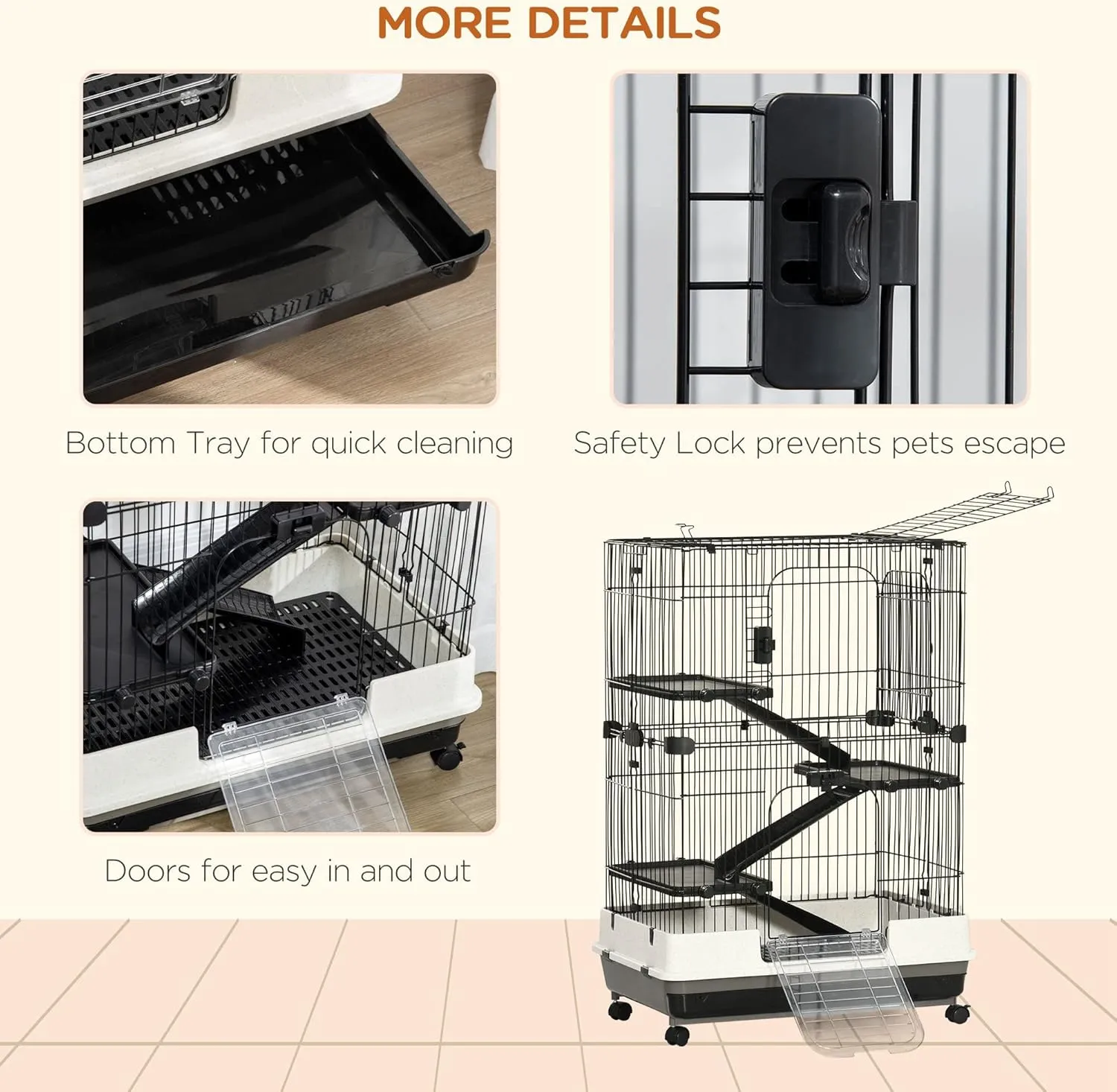 PawHut 4-Level Small Animal Cage Rabbit Hutch with Wheels, Removable Tray, Platform and Ramp for Bunny, Chinchillas, Ferret, Black