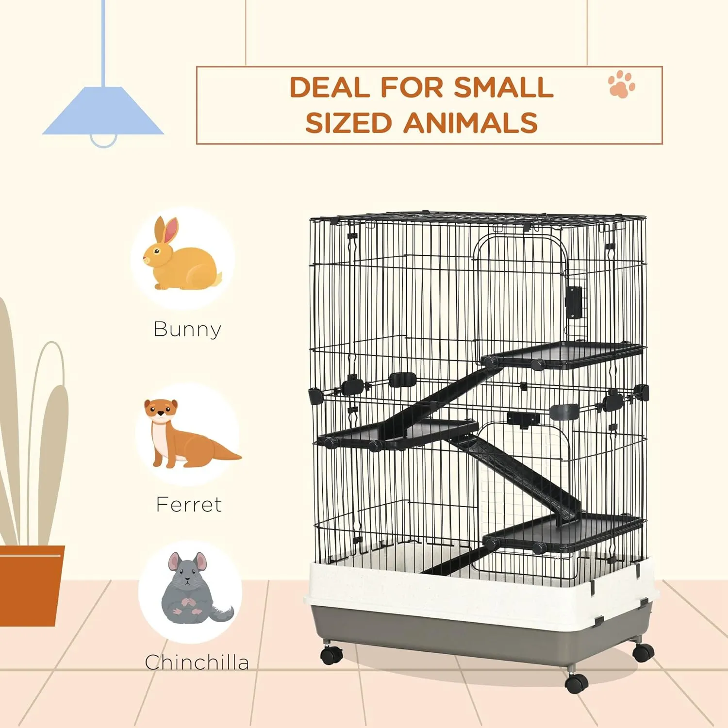 PawHut 4-Level Small Animal Cage Rabbit Hutch with Wheels, Removable Tray, Platform and Ramp for Bunny, Chinchillas, Ferret, Black