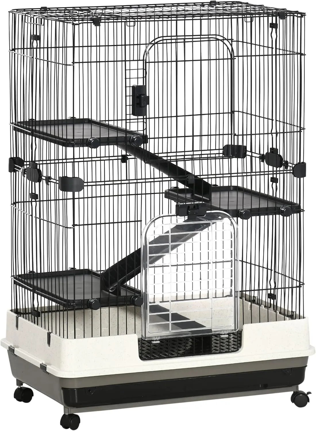 PawHut 4-Level Small Animal Cage Rabbit Hutch with Wheels, Removable Tray, Platform and Ramp for Bunny, Chinchillas, Ferret, Black