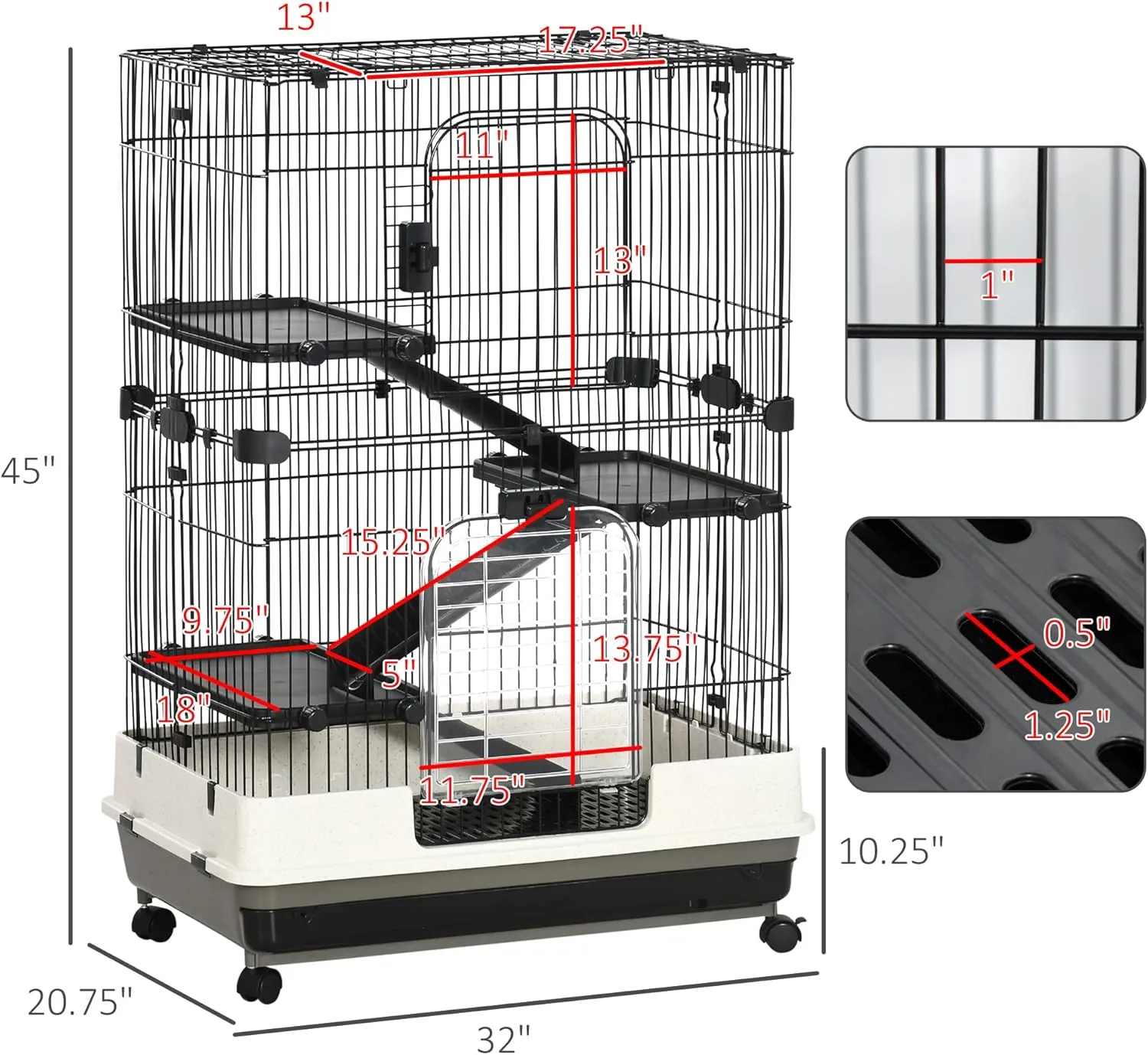 PawHut 4-Level Small Animal Cage Rabbit Hutch with Wheels, Removable Tray, Platform and Ramp for Bunny, Chinchillas, Ferret, Black