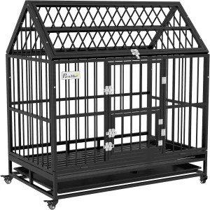 PawHut 48" Heavy Duty Dog Crate, Strong Steel Large Dog Crate with 4 Lockable Wheels, Double Doors, Openable Top and Removable Tray, for Extra Large and Large Dogs, Black