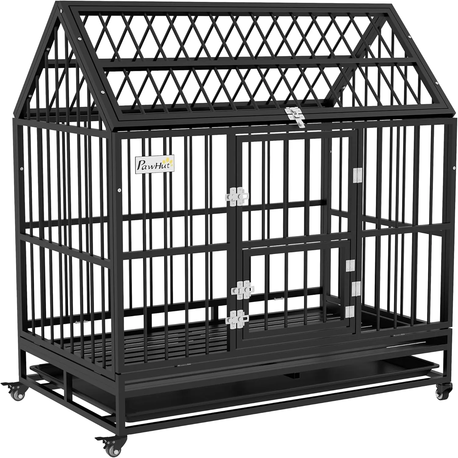 PawHut 48" Heavy Duty Dog Crate, Strong Steel Large Dog Crate with 4 Lockable Wheels, Double Doors, Openable Top and Removable Tray, for Extra Large and Large Dogs, Black