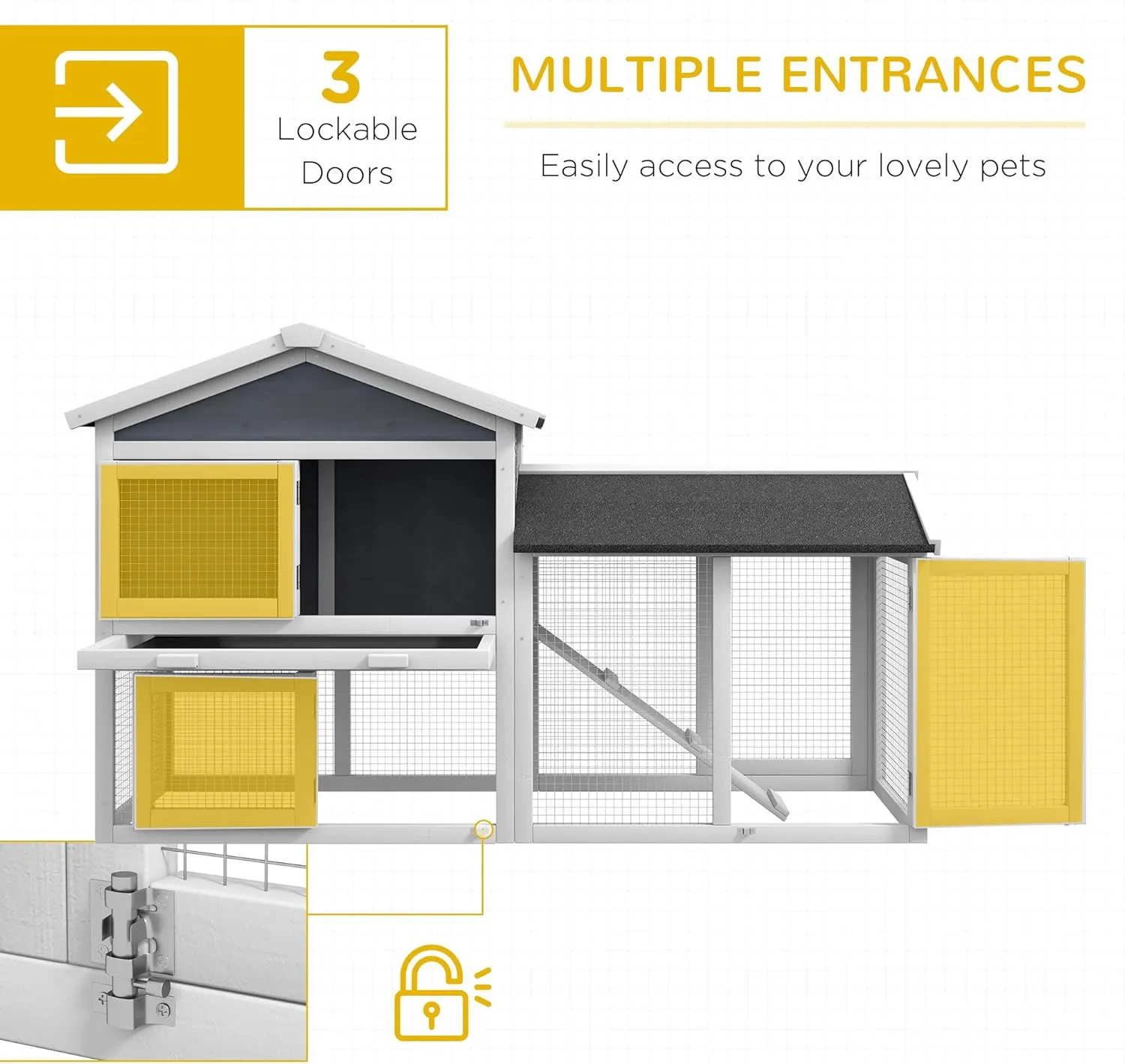 PawHut 58" Large Rabbit Hutch Outdoor Indoor, Wooden Bunny Hutch, Guinea Pig Cage with Run, Removable Tray, Asphalt Roof, Lockable Doors and Ramp, for 1-2 Small Rabbits, Gray
