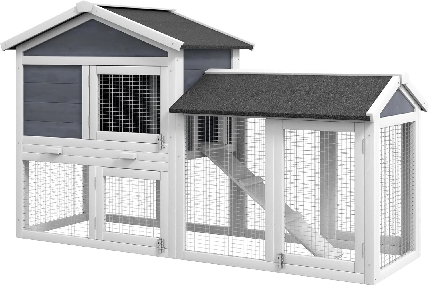 PawHut 58" Large Rabbit Hutch Outdoor Indoor, Wooden Bunny Hutch, Guinea Pig Cage with Run, Removable Tray, Asphalt Roof, Lockable Doors and Ramp, for 1-2 Small Rabbits, Gray