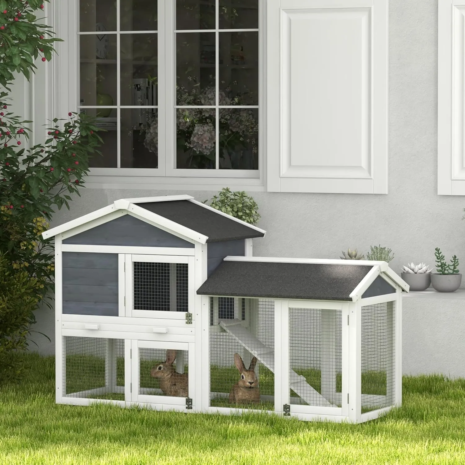 PawHut 58" Large Rabbit Hutch Outdoor Indoor, Wooden Bunny Hutch, Guinea Pig Cage with Run, Removable Tray, Asphalt Roof, Lockable Doors and Ramp, for 1-2 Small Rabbits, Gray