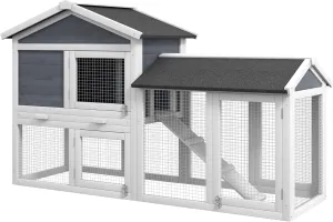 PawHut 58" Large Rabbit Hutch Outdoor Indoor, Wooden Bunny Hutch, Guinea Pig Cage with Run, Removable Tray, Asphalt Roof, Lockable Doors and Ramp, for 1-2 Small Rabbits, Gray