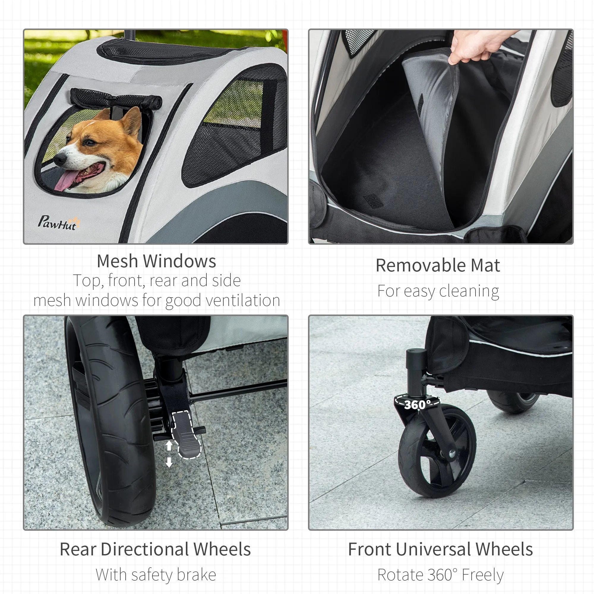 PawHut Dog Stroller Pet Pushchair Buggy Pram W/ 4 Wheels Safety Leash, Grey