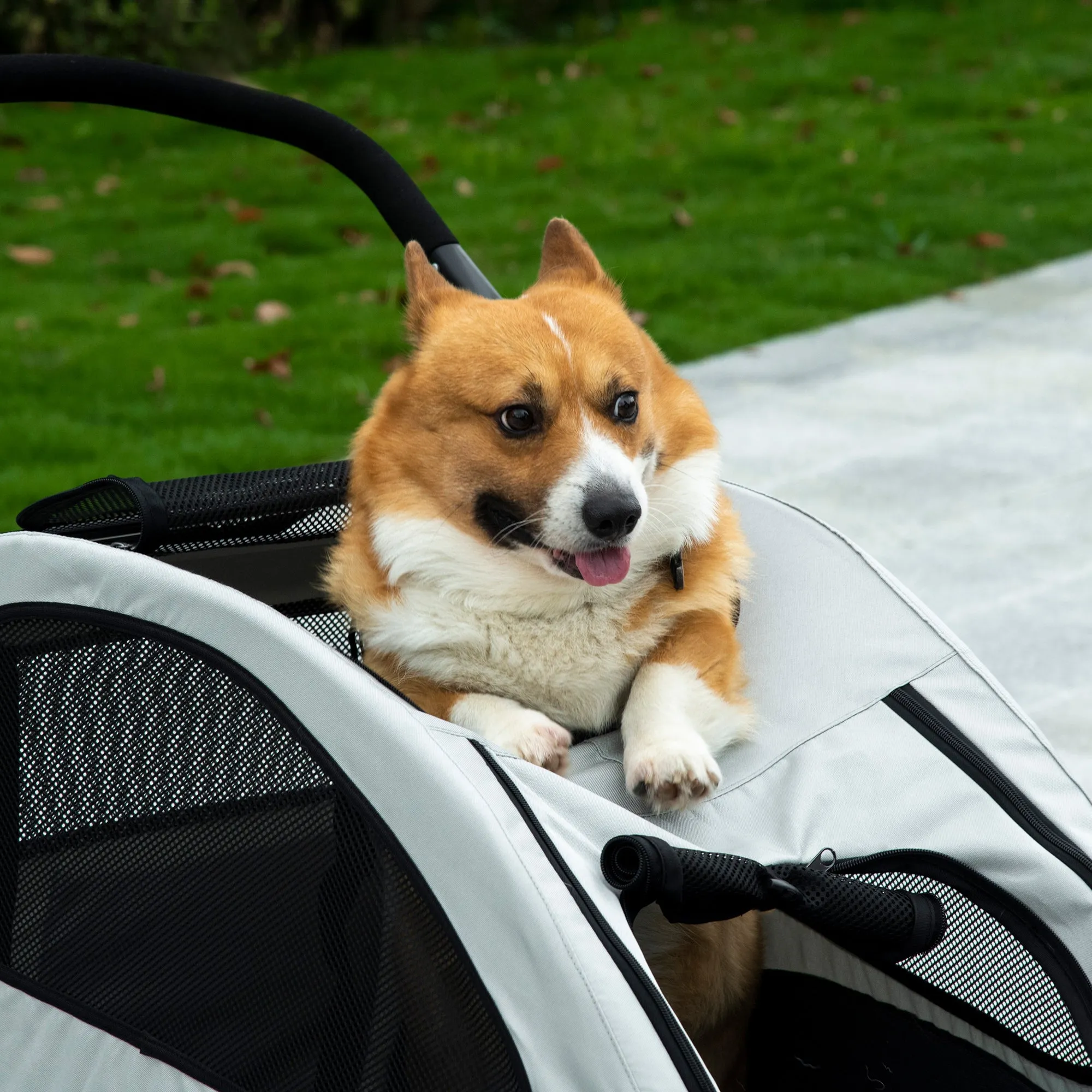 PawHut Dog Stroller Pet Pushchair Buggy Pram W/ 4 Wheels Safety Leash, Grey