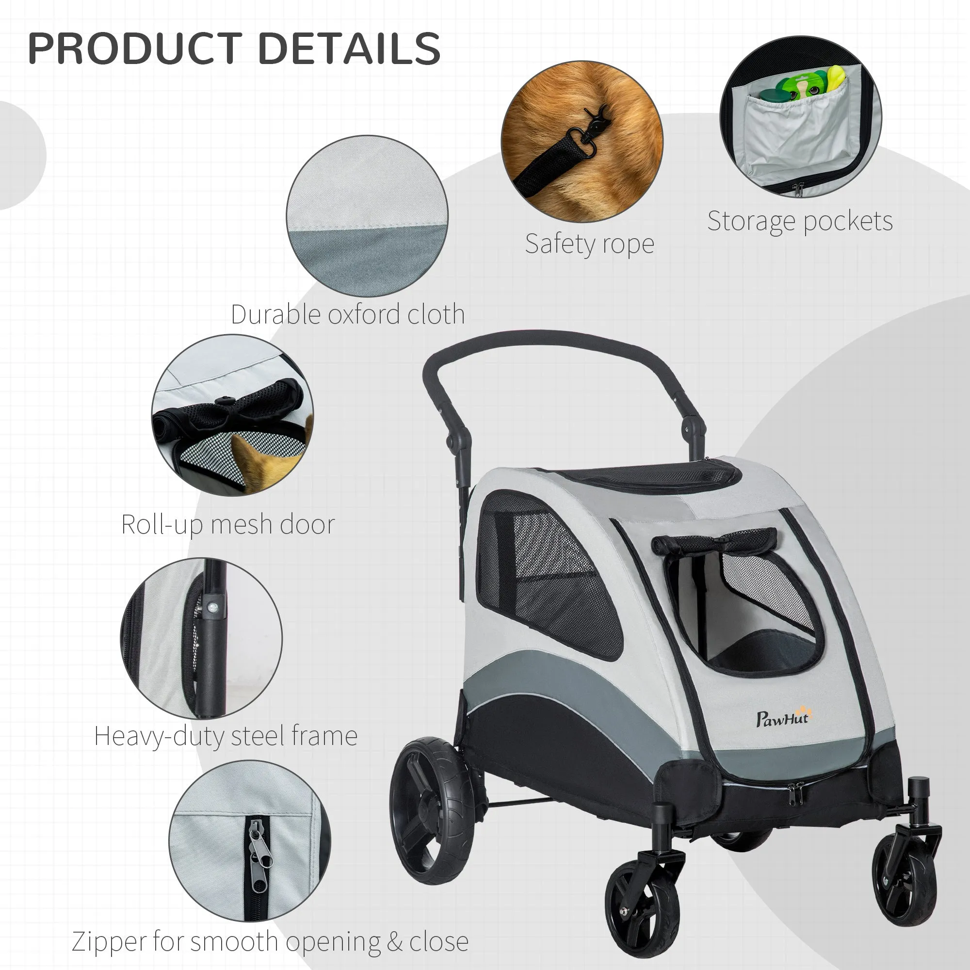 PawHut Dog Stroller Pet Pushchair Buggy Pram W/ 4 Wheels Safety Leash, Grey