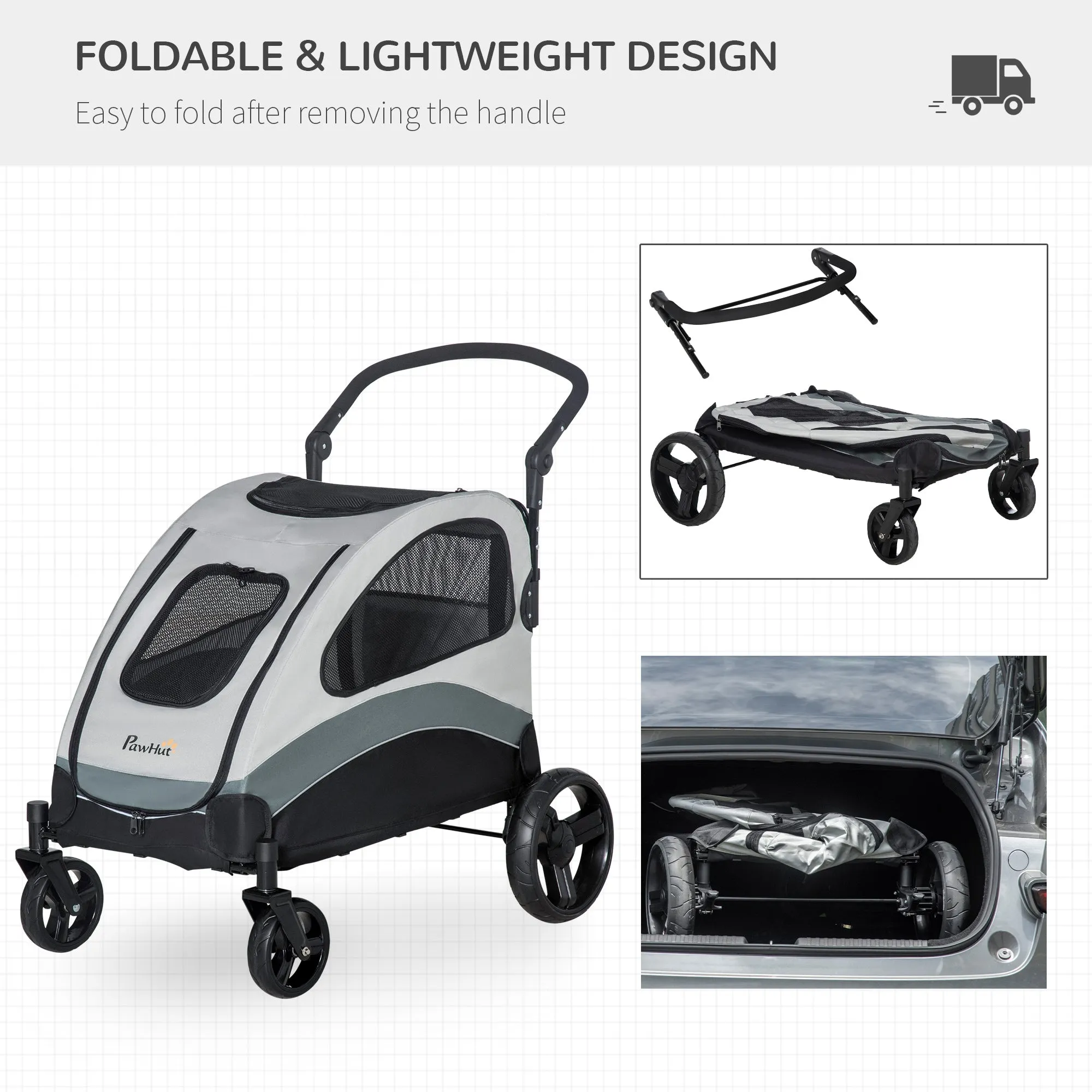 PawHut Dog Stroller Pet Pushchair Buggy Pram W/ 4 Wheels Safety Leash, Grey