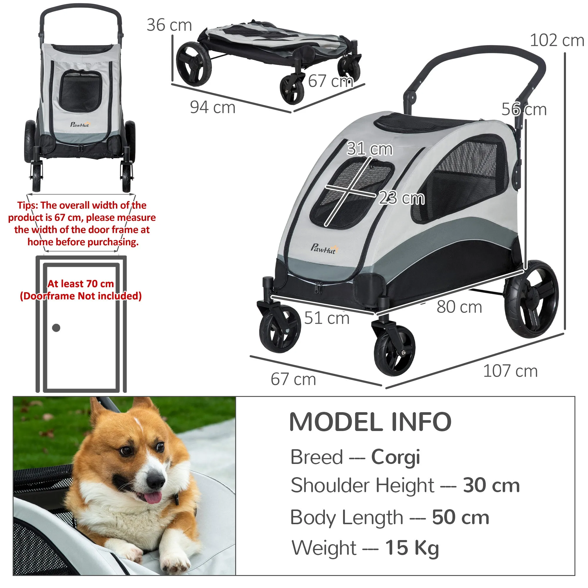 PawHut Dog Stroller Pet Pushchair Buggy Pram W/ 4 Wheels Safety Leash, Grey