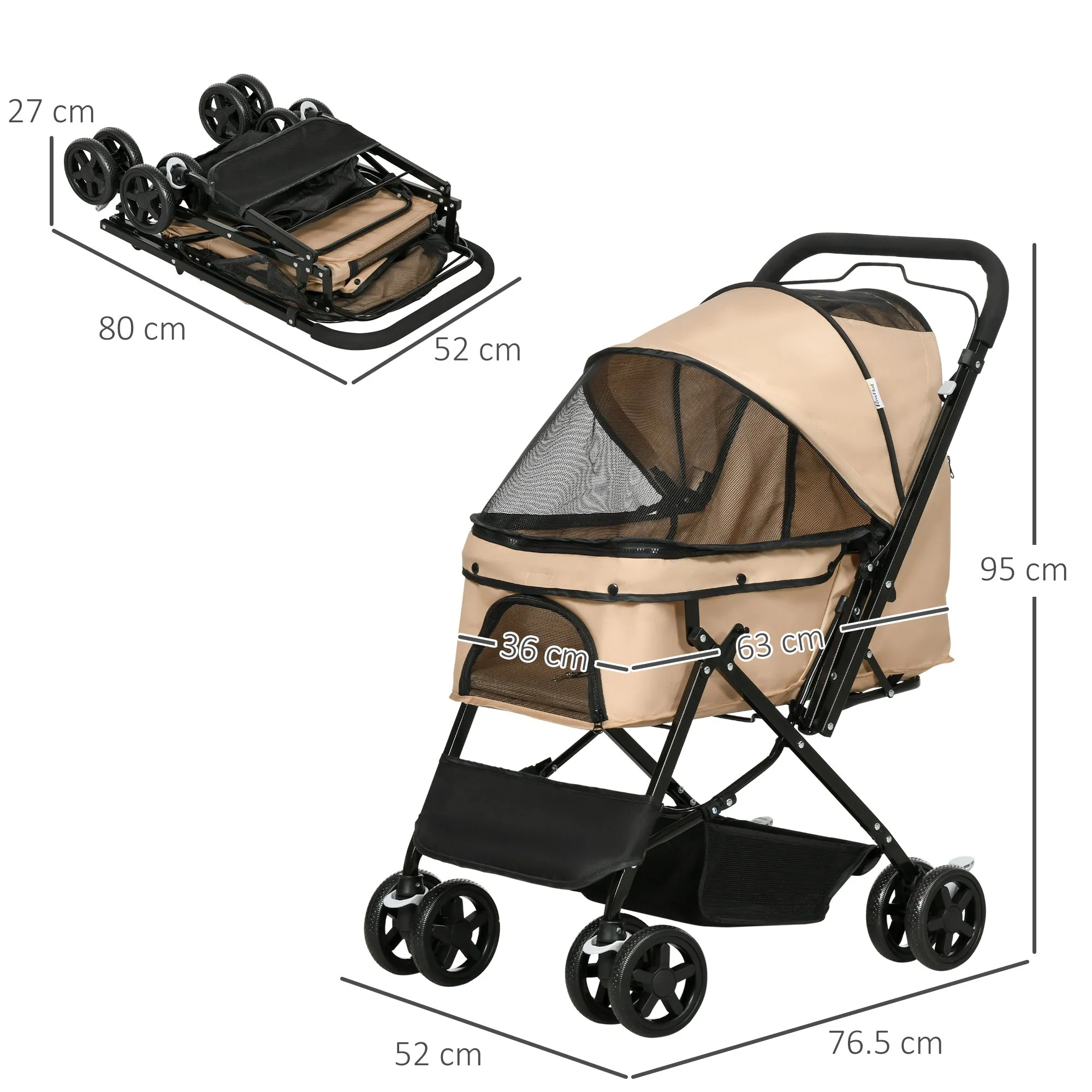 PawHut Pet Stroller Dog Foldable Travel Carriage with Reversible Handle, Brown