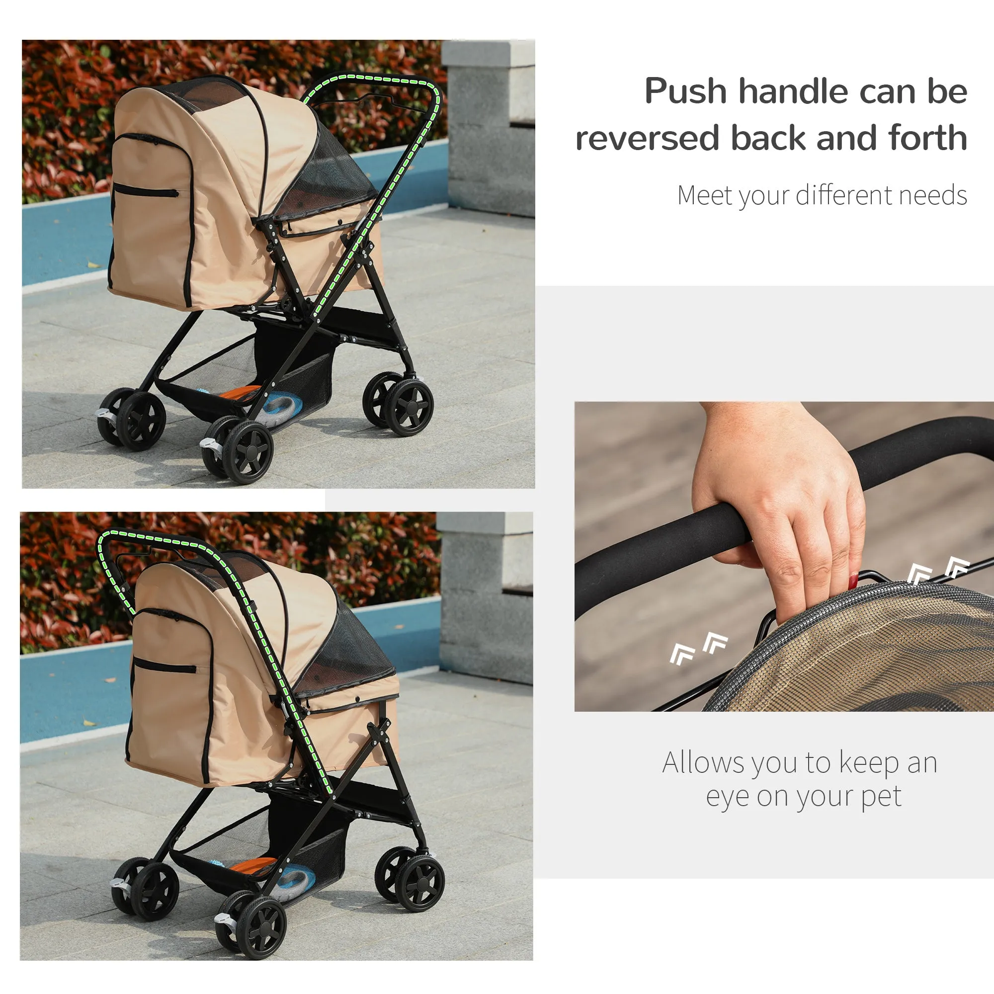 PawHut Pet Stroller Dog Foldable Travel Carriage with Reversible Handle, Brown