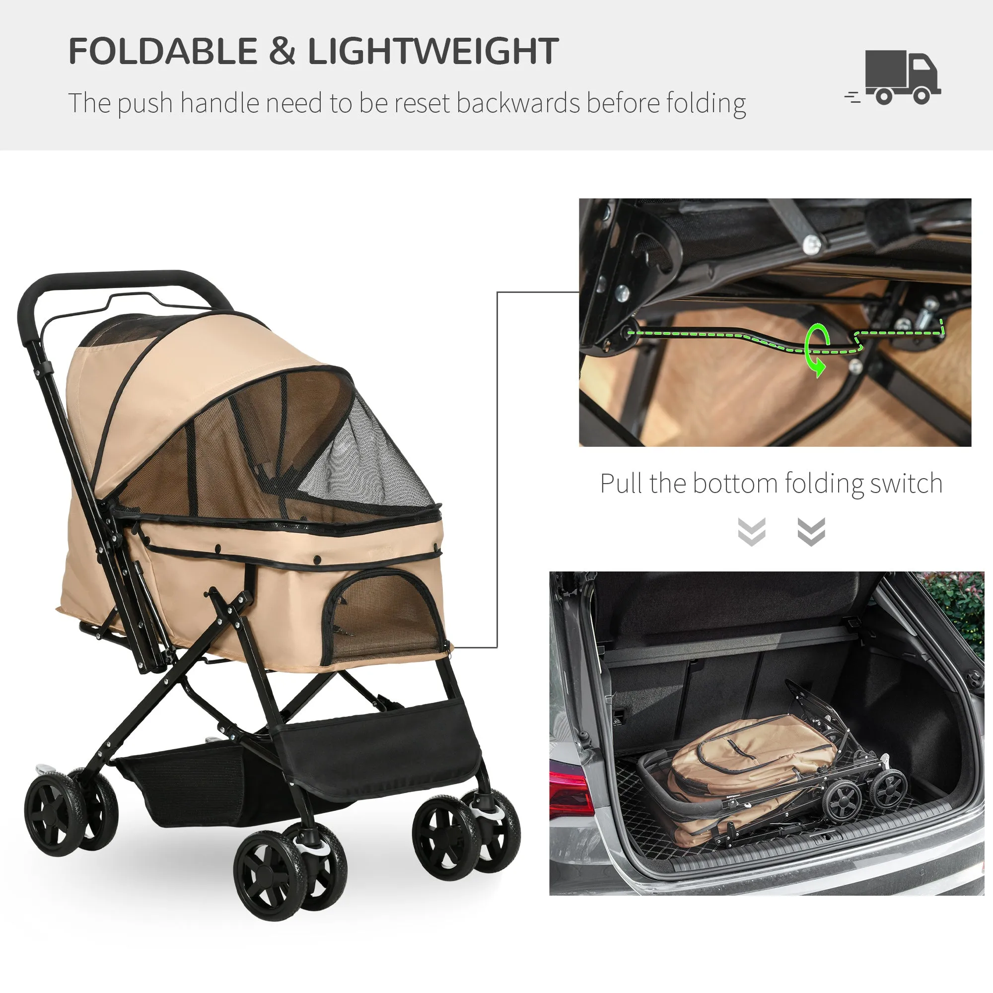 PawHut Pet Stroller Dog Foldable Travel Carriage with Reversible Handle, Brown