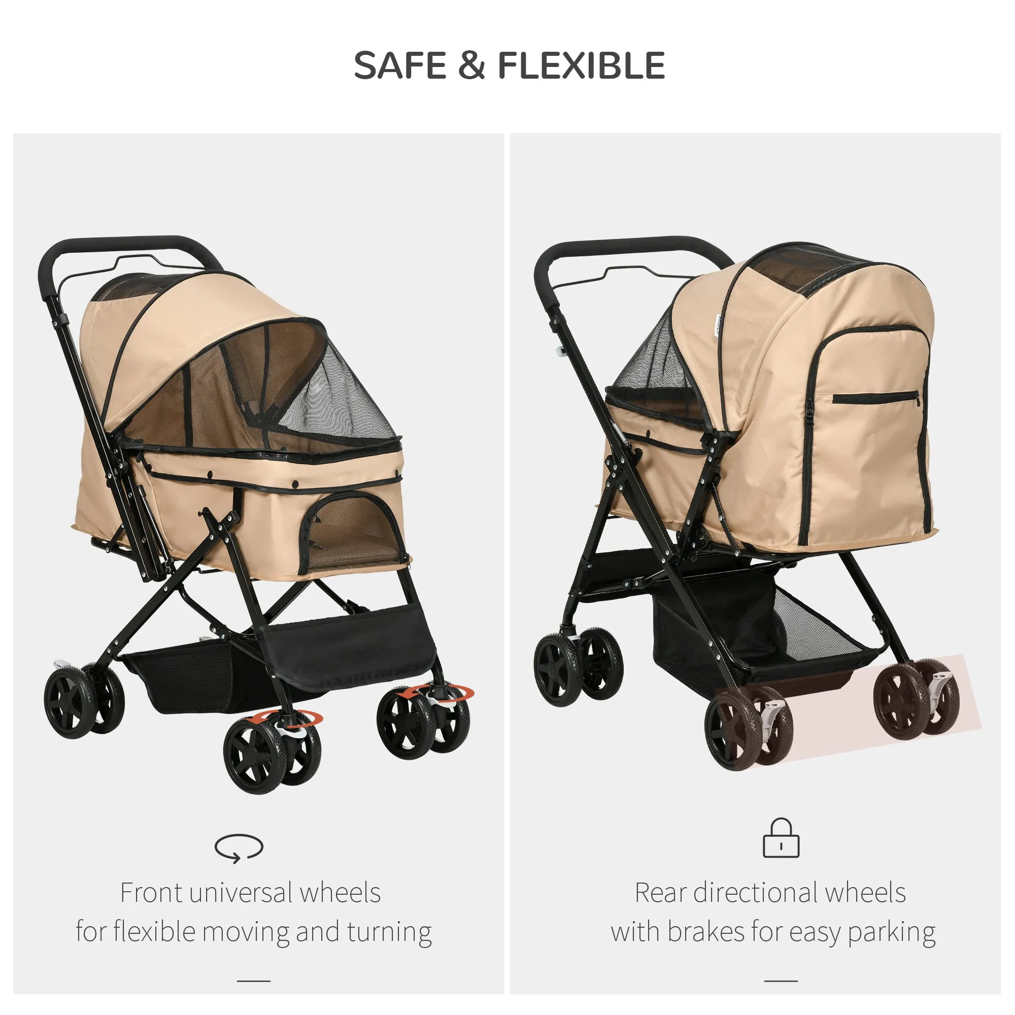 PawHut Pet Stroller Dog Foldable Travel Carriage with Reversible Handle, Brown