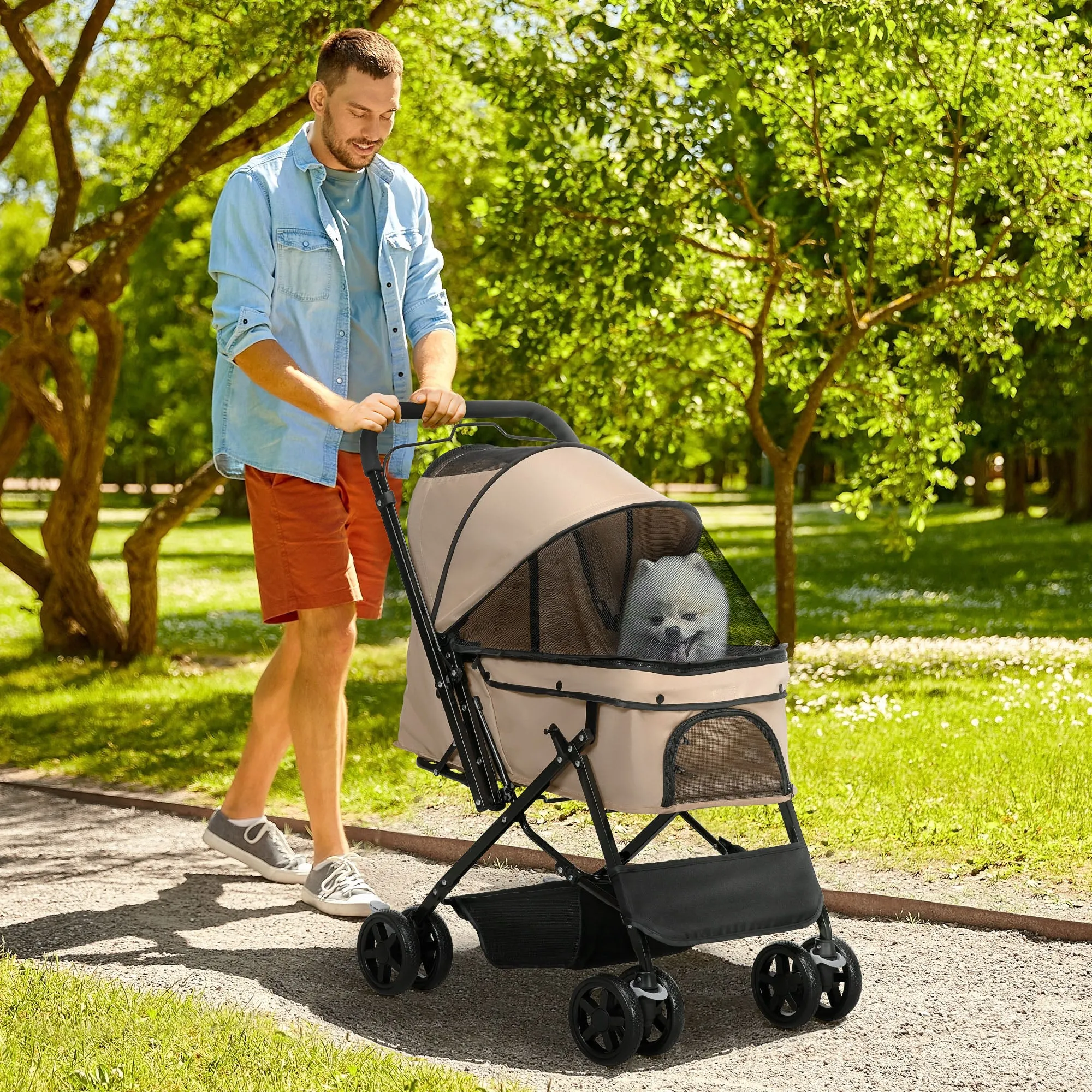 PawHut Pet Stroller Dog Foldable Travel Carriage with Reversible Handle, Brown