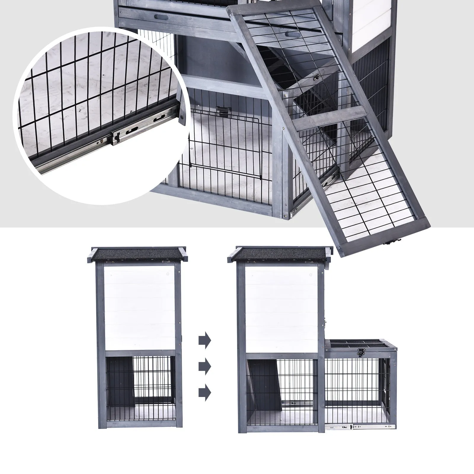 PawHut Rabbits 2-Tier Fur Wood Outdoor Hutch Guinea Pigs Hutches Grey