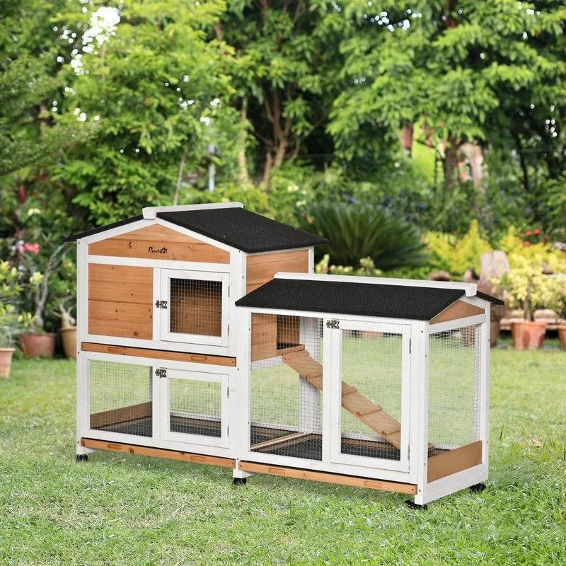 PawHut Two-Tier Wooden Rabbit Hutch Mobile Guinea Pig Cage Bunny Run w/ Wheels