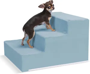 Pet Stairs for Small Dogs & Cats - 3/4/5 Steps, Non-Slip Extra Wide Design, Gentle Angle for Joint Protection, High Density Foam, Washable Cover, Fits Beds & Couches, 3 Steps-Blue Bird