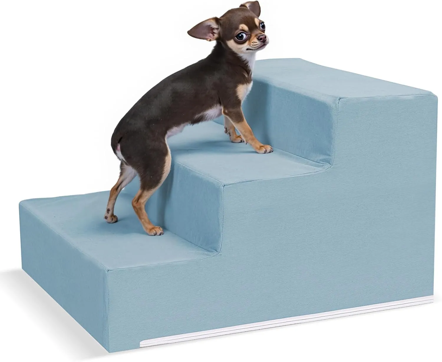 Pet Stairs for Small Dogs & Cats - 3/4/5 Steps, Non-Slip Extra Wide Design, Gentle Angle for Joint Protection, High Density Foam, Washable Cover, Fits Beds & Couches, 3 Steps-Blue Bird
