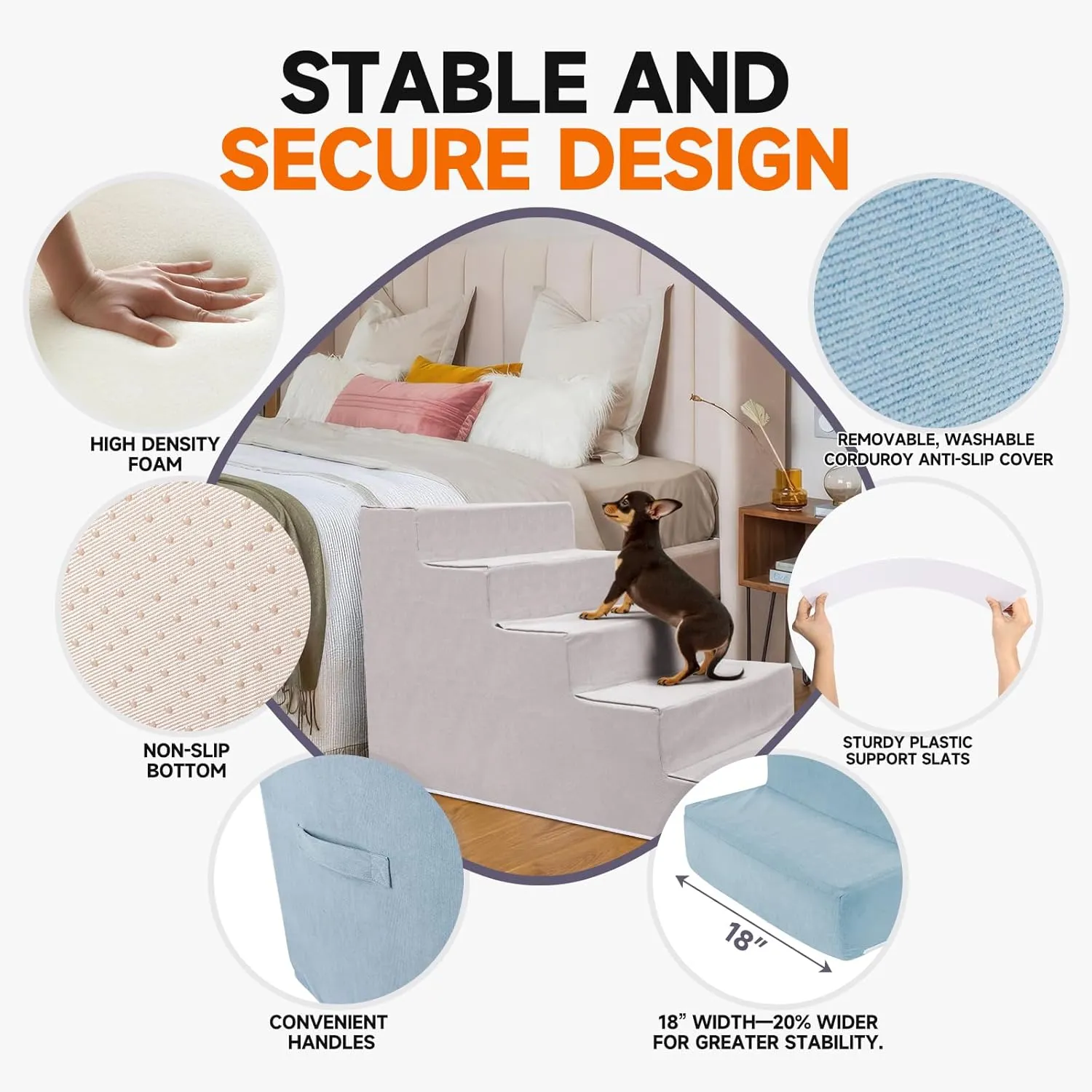 Pet Stairs for Small Dogs & Cats - 3/4/5 Steps, Non-Slip Extra Wide Design, Gentle Angle for Joint Protection, High Density Foam, Washable Cover, Fits Beds & Couches, 3 Steps-Blue Bird