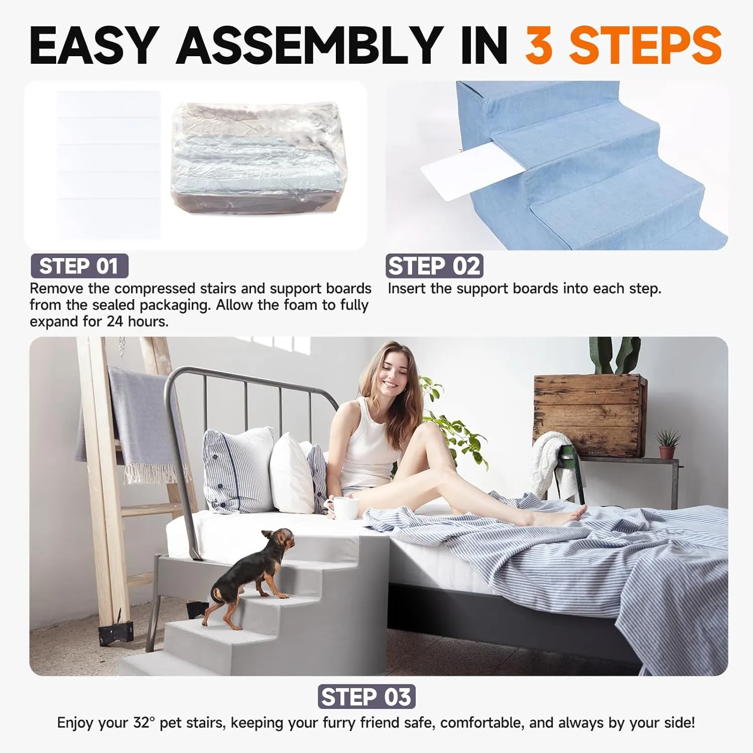 Pet Stairs for Small Dogs & Cats - 3/4/5 Steps, Non-Slip Extra Wide Design, Gentle Angle for Joint Protection, High Density Foam, Washable Cover, Fits Beds & Couches, 3 Steps-Blue Bird