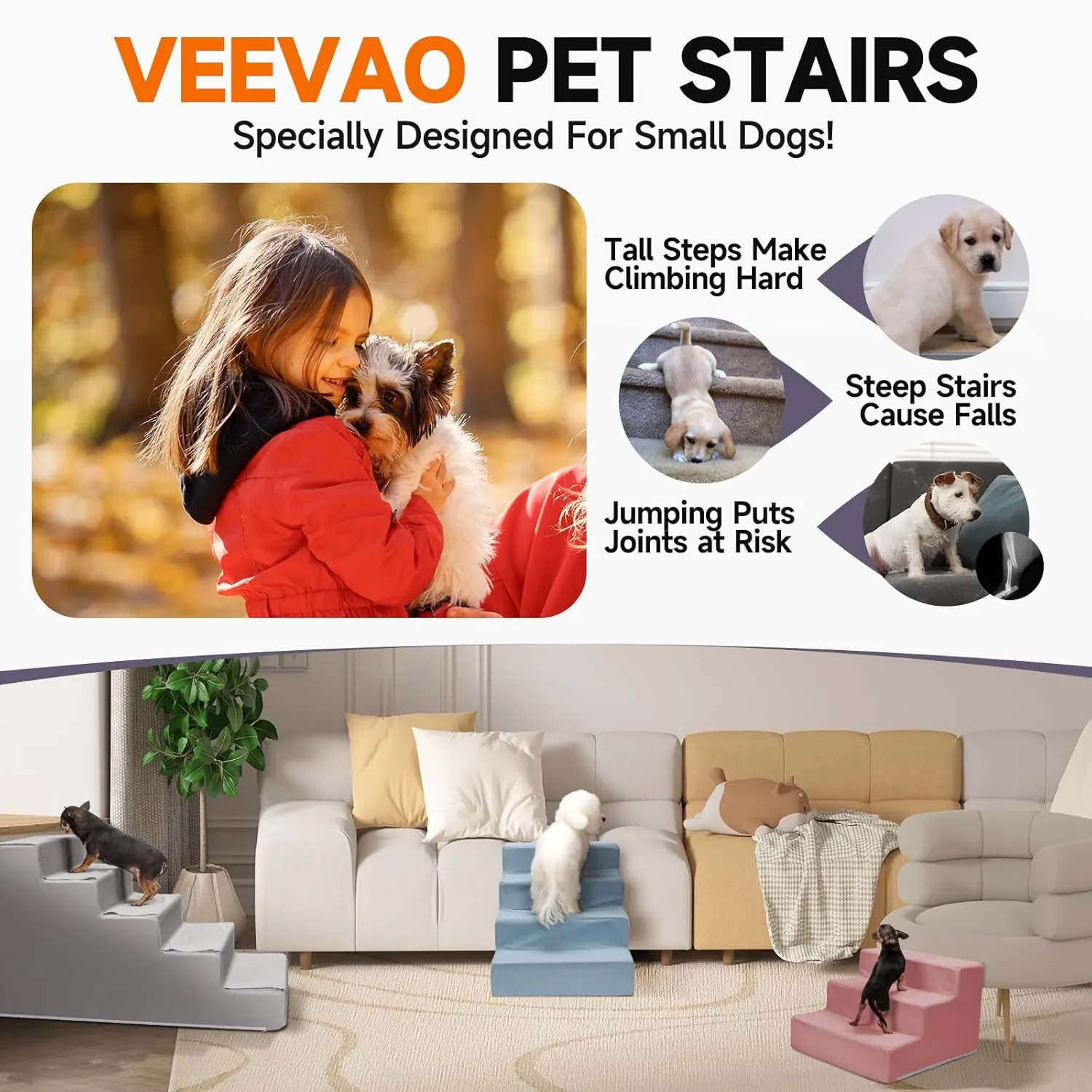 Pet Stairs for Small Dogs & Cats - 3/4/5 Steps, Non-Slip Extra Wide Design, Gentle Angle for Joint Protection, High Density Foam, Washable Cover, Fits Beds & Couches, 3 Steps-Blue Bird