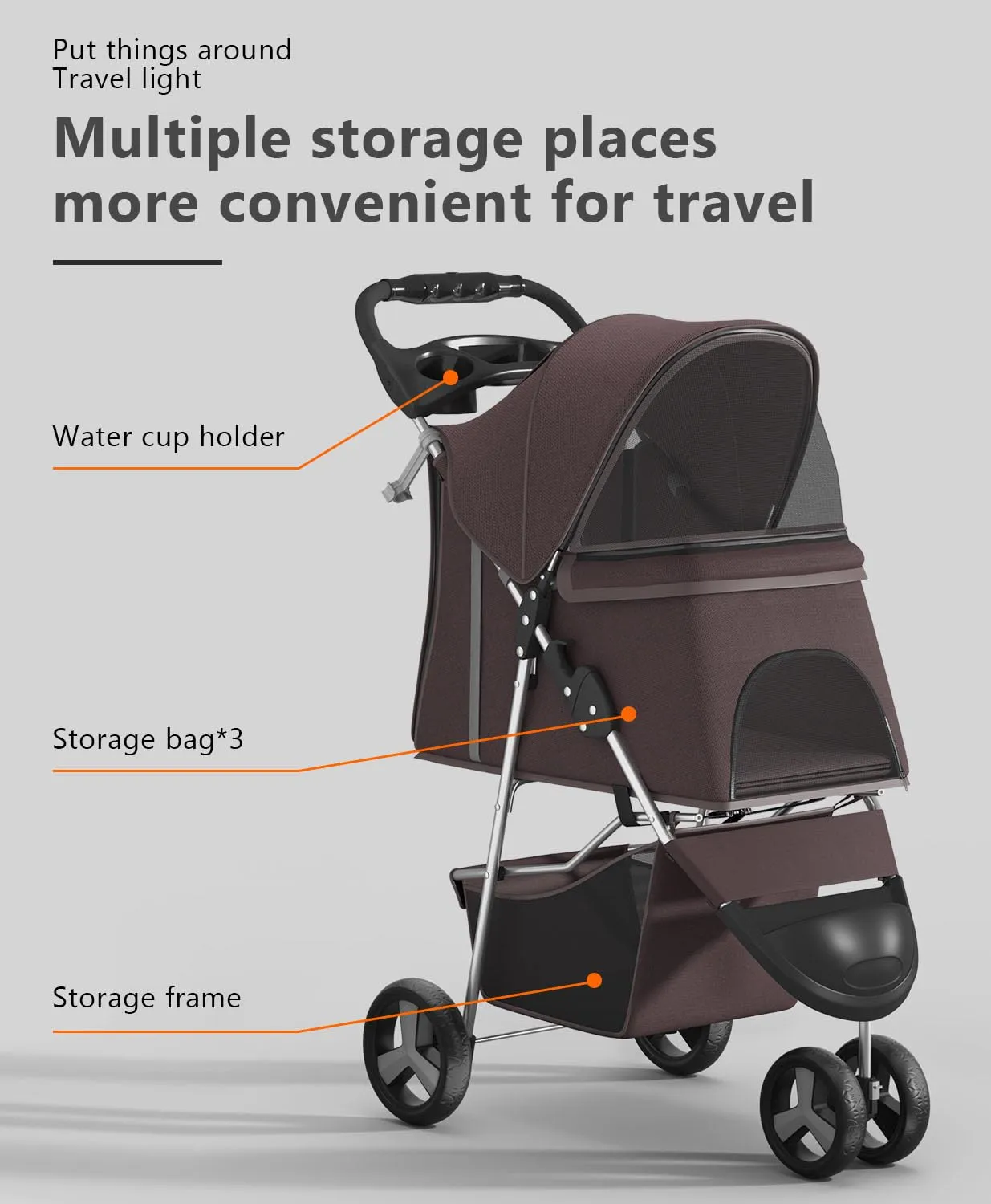 Pet Stroller with 3 Wheels for Small/Medium Pets, Portable Travel Foldable Carrier Jogger for Dog Cat Puppy Kitty, Rear Wheel Breaks, Storage Basket, Visible Mesh with Weather Cover (Coffee)