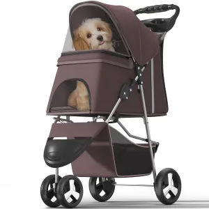 Pet Stroller with 3 Wheels for Small/Medium Pets, Portable Travel Foldable Carrier Jogger for Dog Cat Puppy Kitty, Rear Wheel Breaks, Storage Basket, Visible Mesh with Weather Cover (Coffee)