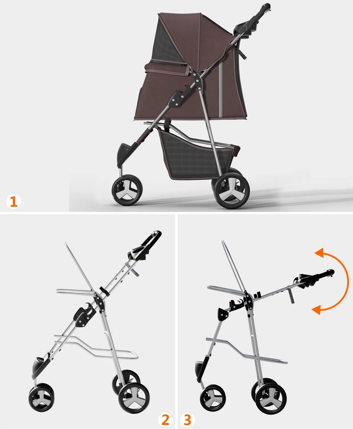 Pet Stroller with 3 Wheels for Small/Medium Pets, Portable Travel Foldable Carrier Jogger for Dog Cat Puppy Kitty, Rear Wheel Breaks, Storage Basket, Visible Mesh with Weather Cover (Coffee)