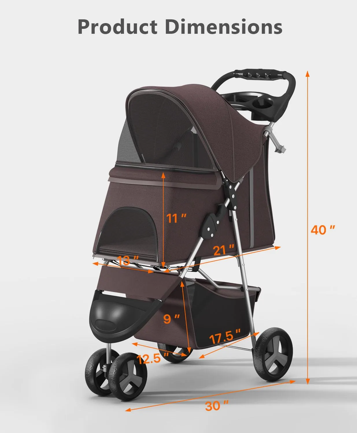 Pet Stroller with 3 Wheels for Small/Medium Pets, Portable Travel Foldable Carrier Jogger for Dog Cat Puppy Kitty, Rear Wheel Breaks, Storage Basket, Visible Mesh with Weather Cover (Coffee)