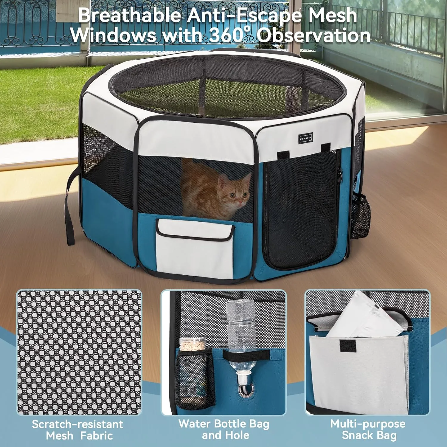 PETSFIT Portable Pet Playpen - 29" Dia, Indoor/Outdoor, For Cats, Puppies & Small Animals - Removable Zipper Mesh Top & Leakproof Bottom