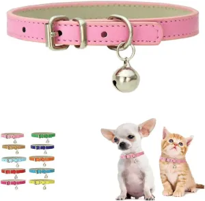 Pink Puppy Collar with Bell,XXS Dog Collar Girl, Bell Collar for Cats Faux Leather PU Adjustable for XXS Xs Small Pet Dogs Animal Kitten Litter Tiny Girls Boys Male Female,XXSmall