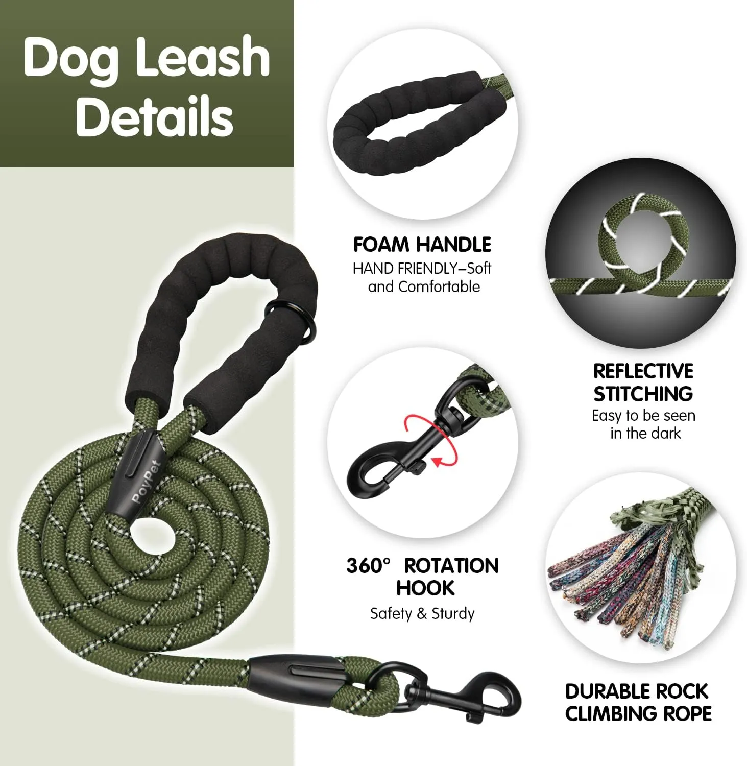 PoyPet No Pull Dog Harness and 5 Feet Leash Set, Release on Neck Reflective Adjustable Pet Vest, Front & Back 2 D-Ring and Soft Padded Pet Harness with Handle for Small to Large Dogs(Military Green,M)