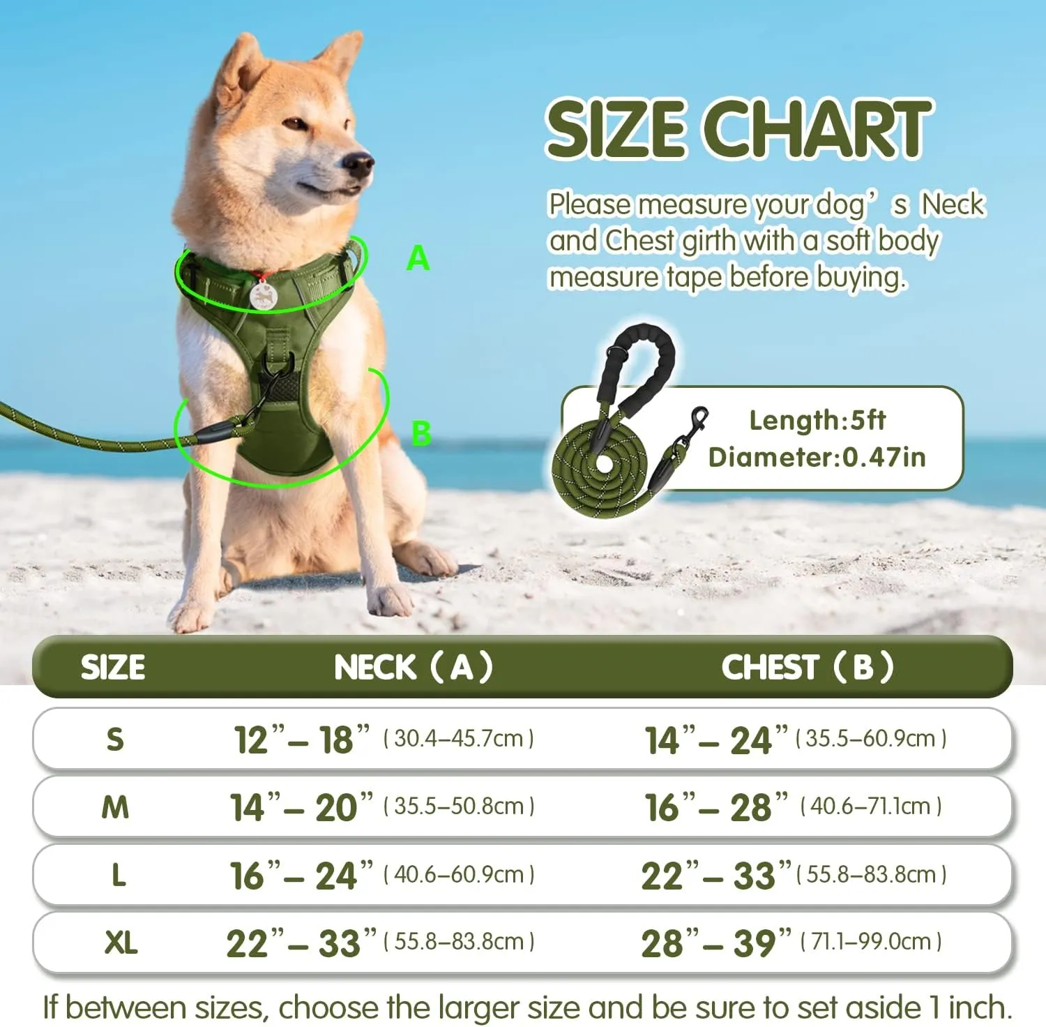 PoyPet No Pull Dog Harness and 5 Feet Leash Set, Release on Neck Reflective Adjustable Pet Vest, Front & Back 2 D-Ring and Soft Padded Pet Harness with Handle for Small to Large Dogs(Military Green,M)