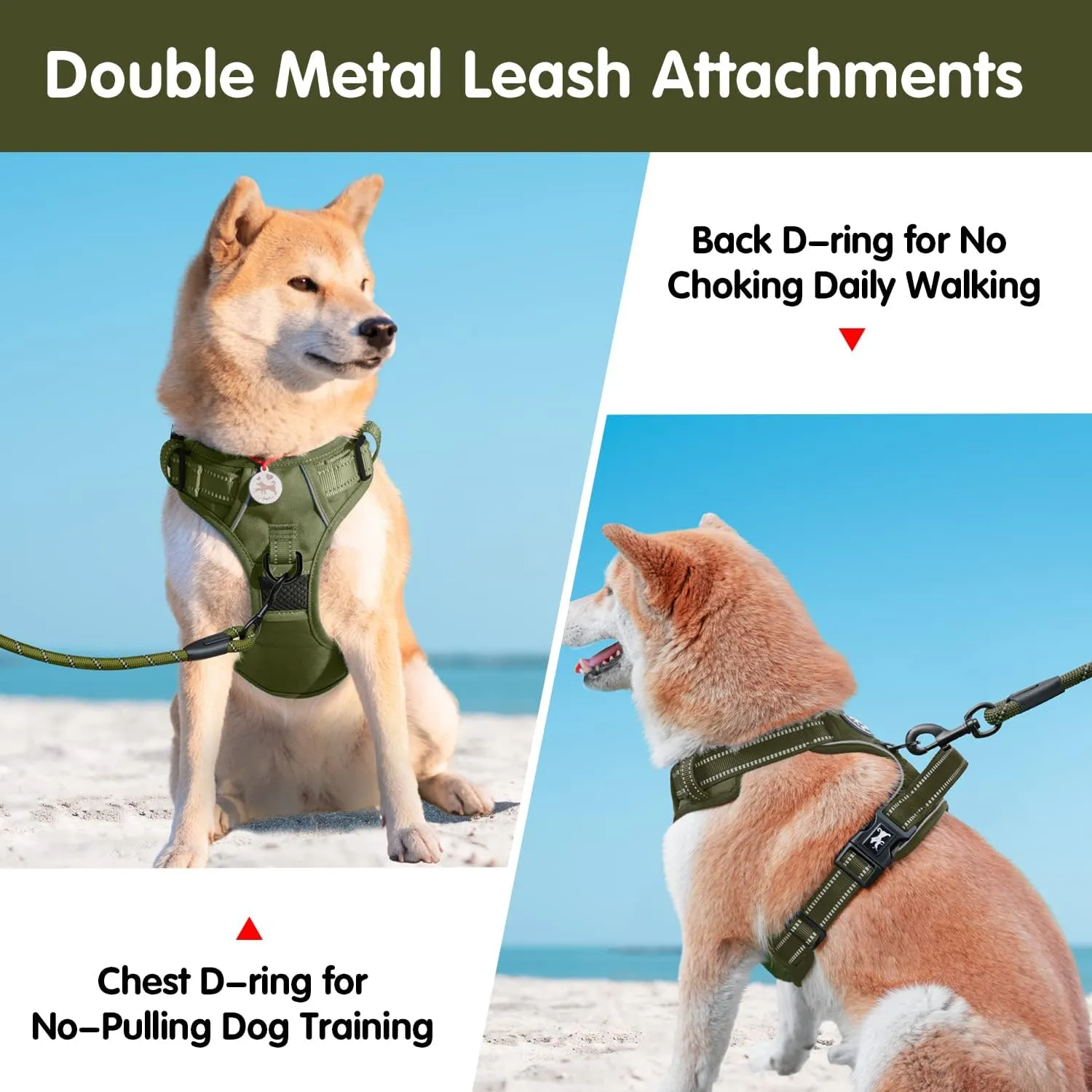 PoyPet No Pull Dog Harness and 5 Feet Leash Set, Release on Neck Reflective Adjustable Pet Vest, Front & Back 2 D-Ring and Soft Padded Pet Harness with Handle for Small to Large Dogs(Military Green,M)