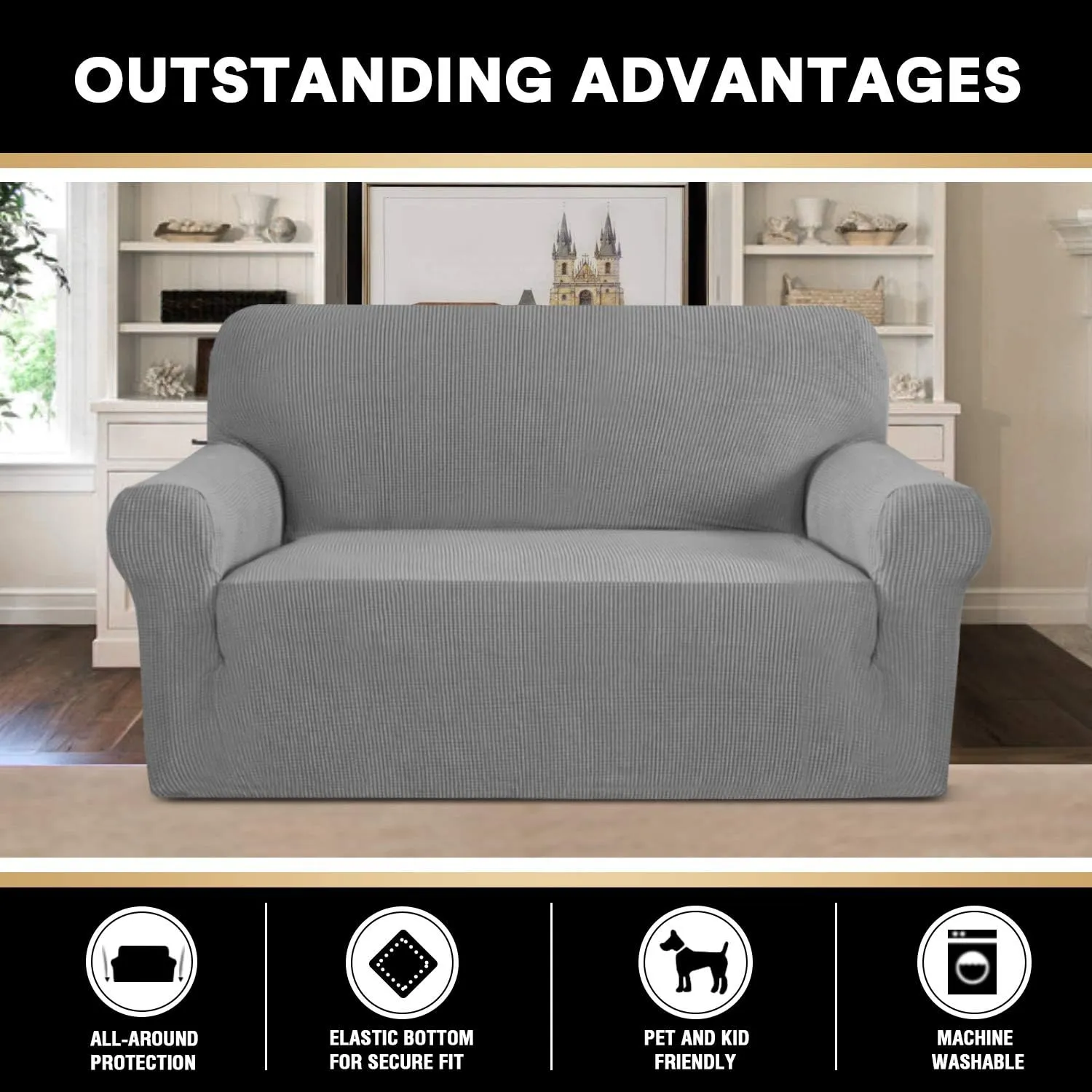 PrinceDeco Stretch Loveseat Sofa Cover Slipcover Couch Cover for 2 Cushion Sofa Washable Sofa Cover for Pets Friendly Furniture Protector Covers with Non Slip Bottom(Loveseat, Dove)