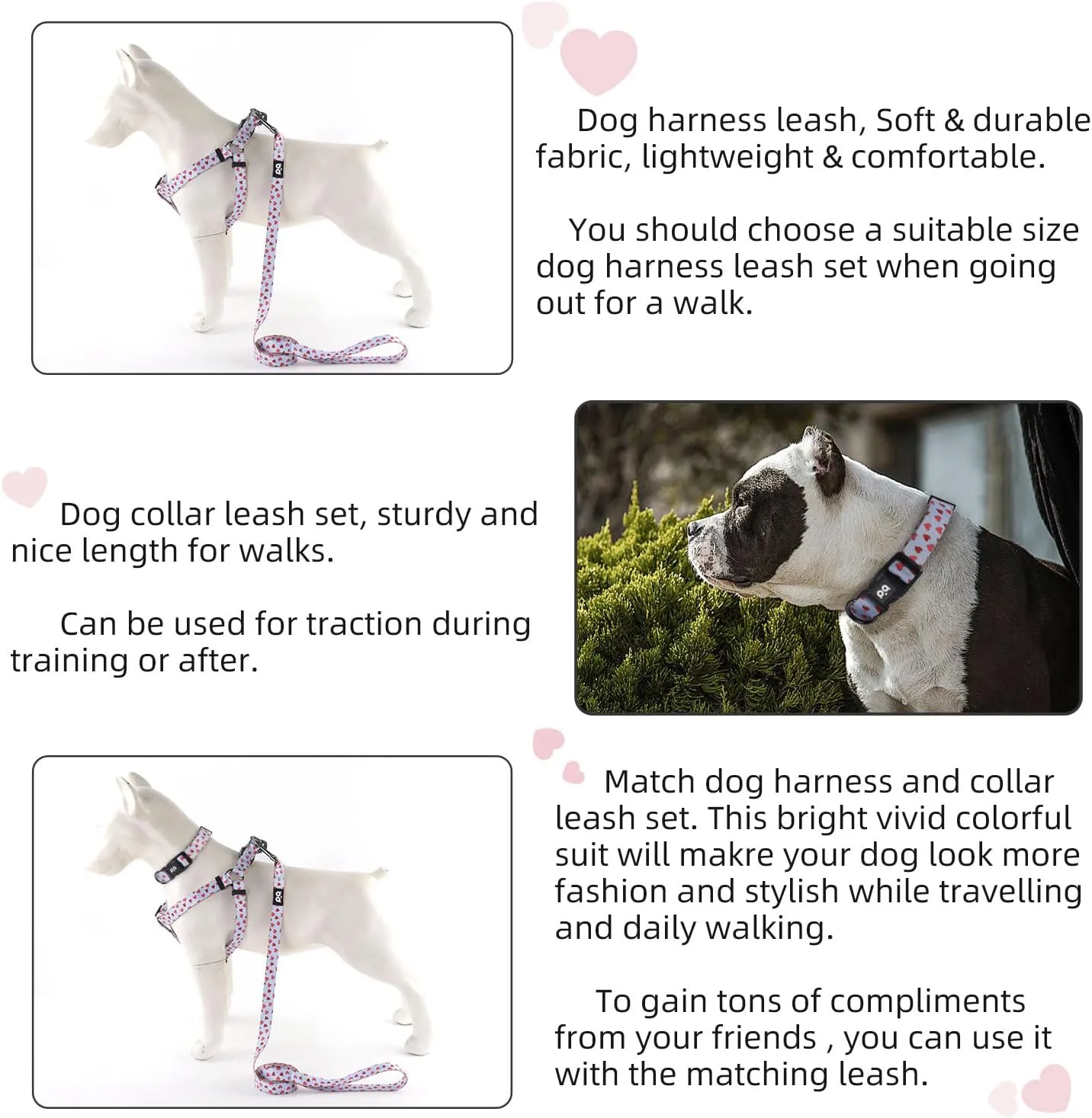 QQPETS Dog Harness Collar Leash - No Pull Pet Adjustable Back Clip Halter Basic Collar Heavy Duty 5FT Anti-Twist Leash for Extra Small Puppy Medium Large Breed Training Easy Walk(S,Blue Love)