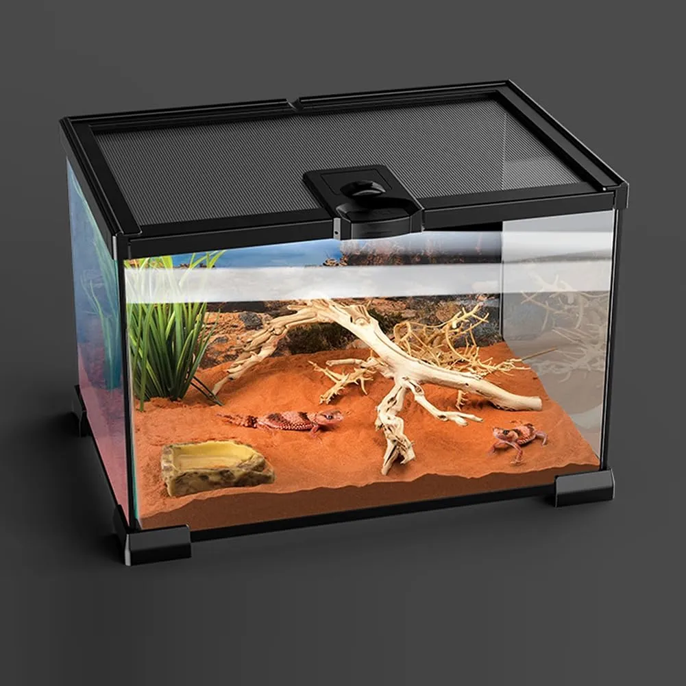 Reptile Float Glass Growth Tank, Transparent Reptile Terrarium with Wiring Hole, Eco Rainforest Feeding Box, Reptile Breeding Box Suitable for Stacking, Top Screen Ventilation Escape Proof Lid,