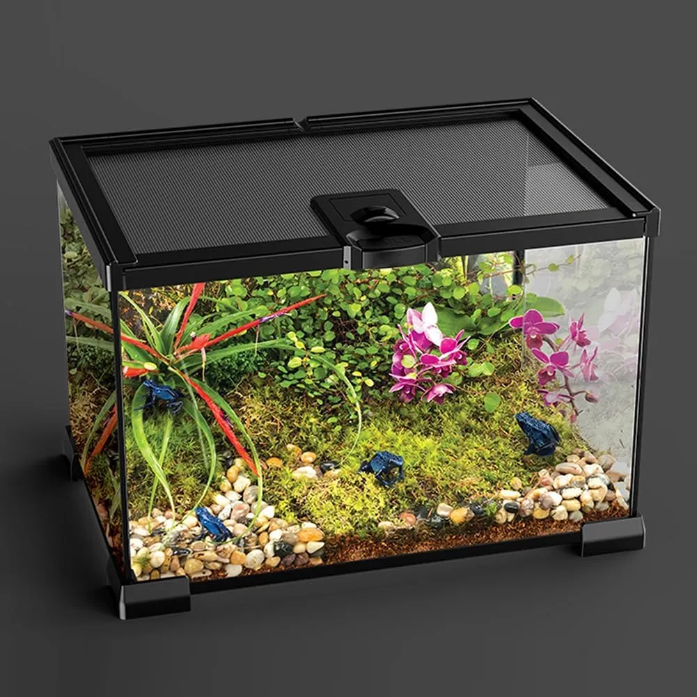 Reptile Float Glass Growth Tank, Transparent Reptile Terrarium with Wiring Hole, Eco Rainforest Feeding Box, Reptile Breeding Box Suitable for Stacking, Top Screen Ventilation Escape Proof Lid,