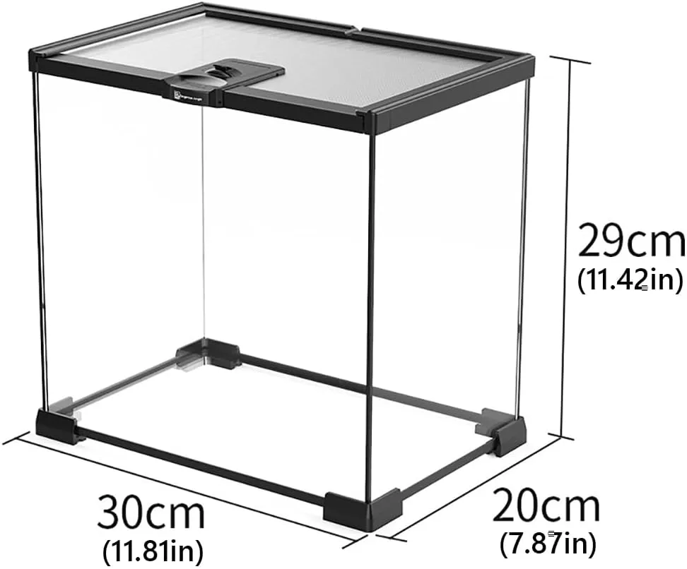Reptile Float Glass Growth Tank, Transparent Reptile Terrarium with Wiring Hole, Eco Rainforest Feeding Box, Reptile Breeding Box Suitable for Stacking, Top Screen Ventilation Escape Proof Lid,